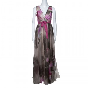 Badgley Mischka Collection Floral Printed Organza Contrast Belted Ball Gown S