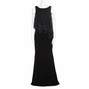Badgley Mischka Black Velvet Floral Applique Lace Popover Gown M