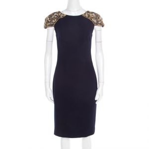Badgley Mischka Collection Navy Blue Embellished Cap Sleeve Cocktail Dress M