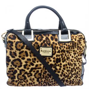 Baldinini Black Leopard Print Calfhair and Patent Leather Satchel