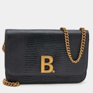 مملوكة مسبقًا Balenciaga Black Lizard Embossed Leather B. Logo Wallet On Chain