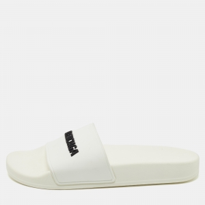 Pre Owned Balenciaga White Rubber Logo Slides Size 37