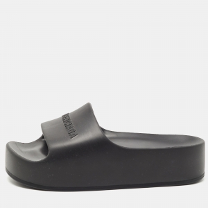 Balenciaga Black Rubber Logo Pool Slides Size 38