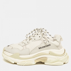 Balenciaga White/Grey Nubuck and Mesh Triple S Sneakers Size 38