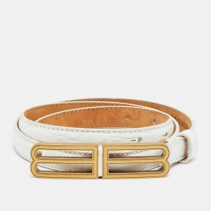 Pre Owned Balenciaga BB Stretch 80 CM Buckle Belt White Croc Embossed Leather
