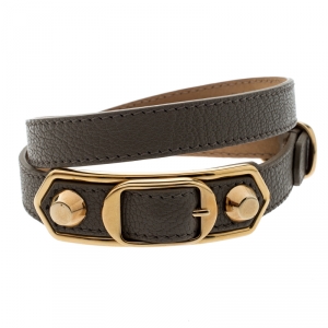 Balenciaga Grey Leather Metallic Edge Gold Tone Double Wrap Bracelet 