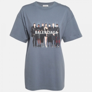 Pre Owned Balenciaga Grey Logo Print Cotton T-Shirt M