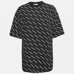 Pre Owned Balenciaga Black Logo All-Over Print Cotton T-Shirt S