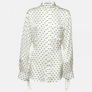 Pre Owned Balenciaga Off-White Logo Printed Silk Shirt S
