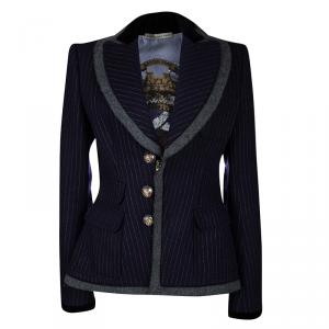 Balenciaga Navy Blue Pinstriped Wool Contrast Collar Tailored Blazer L