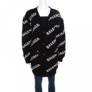 Pre Owned Balenciaga Monochrome Logo Jacquard Knit Long Archetype Cardigan M