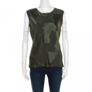 Pre Owned Balenciaga Olive Green Satin Jacquard Back Tie Detail Sleeveless Top S