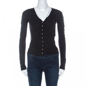 Balenciaga Charcoal Grey Wool Ruched Sleeve Detail Buttoned Cardigan M