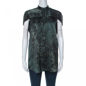 Balenciaga Green Printed Mandarin Collar Cap Sleeve Button Front Shirt M