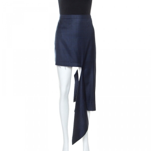 Balenciaga Navy Blue Checked Virgin Wool Asymmetric Mini Skirt S 