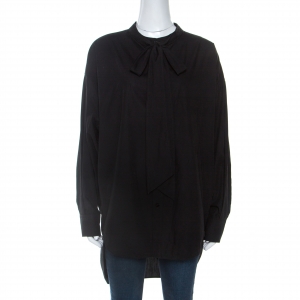 Pre Owned Balenciaga Black Cotton Logo Print Tie Neck Detail Swing Shirt L