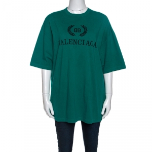 Pre Owned Balenciaga Green BB Logo Print Cotton Oversized T-Shirt XS