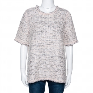 Pre Owned Balenciaga Blush Pink Lurex Tweed Fringed Blouse L
