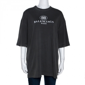 Pre Owned Balenciaga Anthracite Grey Logo Print Cotton Oversized T-Shirt L