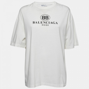 Pre Owned Balenciaga White Logo Printed Cotton T-Shirt M