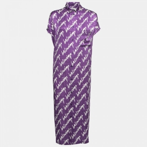 Pre Owned Balenciaga Purple Scribbled Silk Jacquard Rawcut Dress M