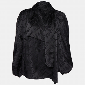 Pre Owned Balenciaga Black All Over Logo Silk Satin Neck Tie Detail Oversized Shirt S