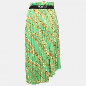 Balenciaga Green Chain Printed Satin Pleated Asymmetrical Midi Skirt S