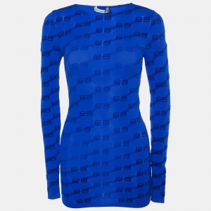 Pre Owned Balenciaga Blue Monogram Stretch Knit Top S