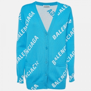 Balenciaga Blue Logo Printed Oversize Cardigan XS