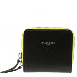 Pre Owned Balenciaga Black/Neon Green Leather Papier Zip Compact Wallet