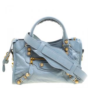 Pre Owned Balenciaga Blue Dragee Leather Mini Gold Hardware City Bag