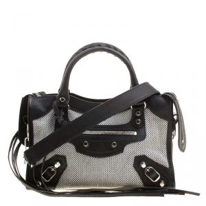 Pre Owned Balenciaga Black and White Cotton Toile and Leather Classic Mini City Silver Hardware Bag