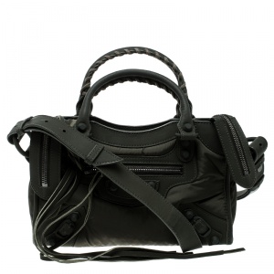 Pre Owned Balenciaga Khaki Nylon and Leather Mini Covered Hardware City Bag