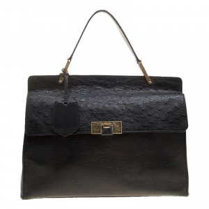 Pre Owned Balenciaga Black Leather and Ostrich Le Dix Cartable Top Handle Bag