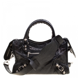 Pre Owned Balenciaga Black Leather Silver Hardware Mini City Bag 