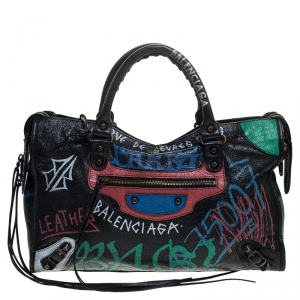 Pre Owned Balenciaga Black Graffiti Leather City Tote