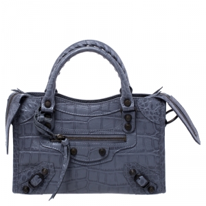 Pre Owned Balenciaga Grey Croc Embossed Leather RH Hardware Mini City Bag 