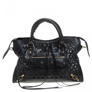 Pre Owned Balenciaga Black Perforated Leather Classic City Tote 