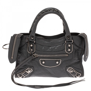 Pre Owned Balenciaga Gris Pyrite Leather Mini Metallic Edge City Bag