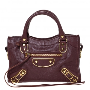 Pre Owned Balenciaga Grenat Leather Mini Metallic Edge City Bag