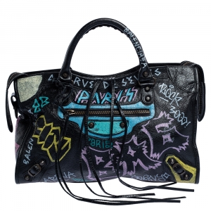 Pre Owned Balenciaga Black Graffiti Leather City Tote