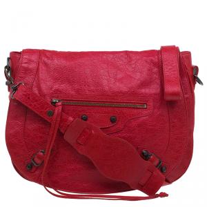Balenciaga Red Lambskin Leather Folk Messenger Bag