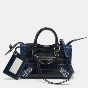 Pre Owned Balenciaga Blue Croc Embossed Leather Nano Metallic Edge City Tote