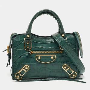 Pre Owned Balenciaga Green Croc Embossed Leather Mini Metallic Edge City Bag