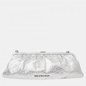 Balenciaga Silver Leather Cloud Clutch Bag