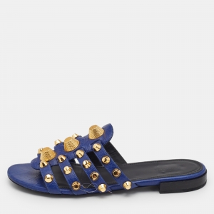 Balenciaga Blue Leather Arena Flat Slides Size 38