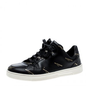 Pre Owned Balenciaga Black Logo Printed Leather Lace Up Sneakers Size 38