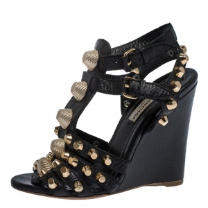 Balenciaga Black Leather Arena Studded Gladiator Wedge Sandals Size 37