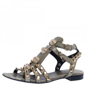 Balenciaga Grey Leather Arena Studded Gladiator Flat Sandals Size 39
