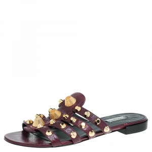 Pre Owned Balenciaga Purple Leather Studded Slide Flats Size 40